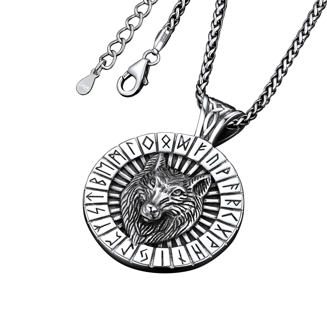 Viking Wolf Medal Necklace With Runes Jewelry For Men
