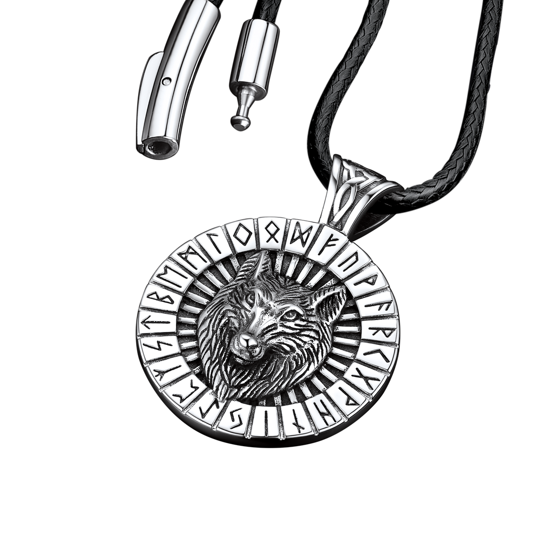 Viking Wolf Medal Necklace With Runes Jewelry For Men