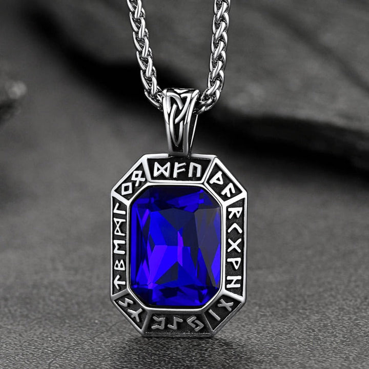 Engraved Crystal Dog Tag Necklace with Viking Runes For Men