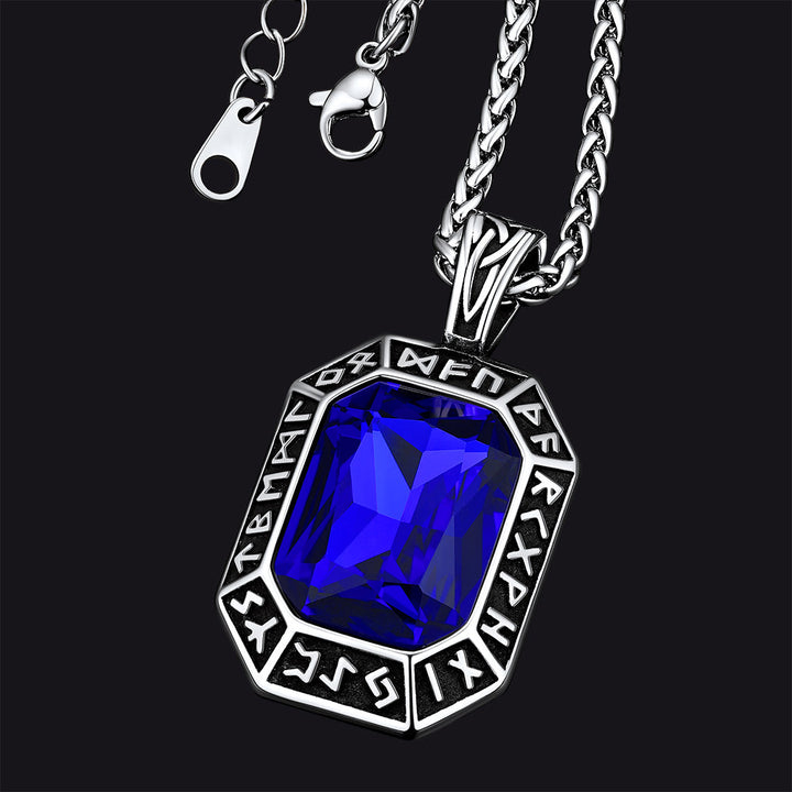 Engraved Crystal Dog Tag Necklace with Viking Runes For Men