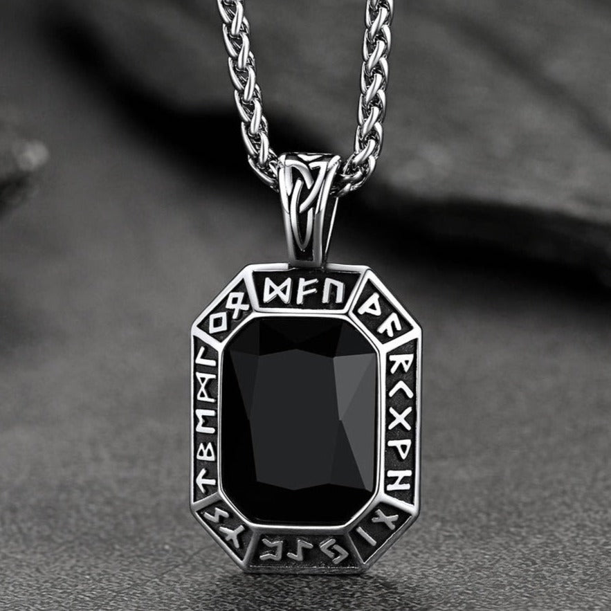 Engraved Crystal Dog Tag Necklace with Viking Runes For Men