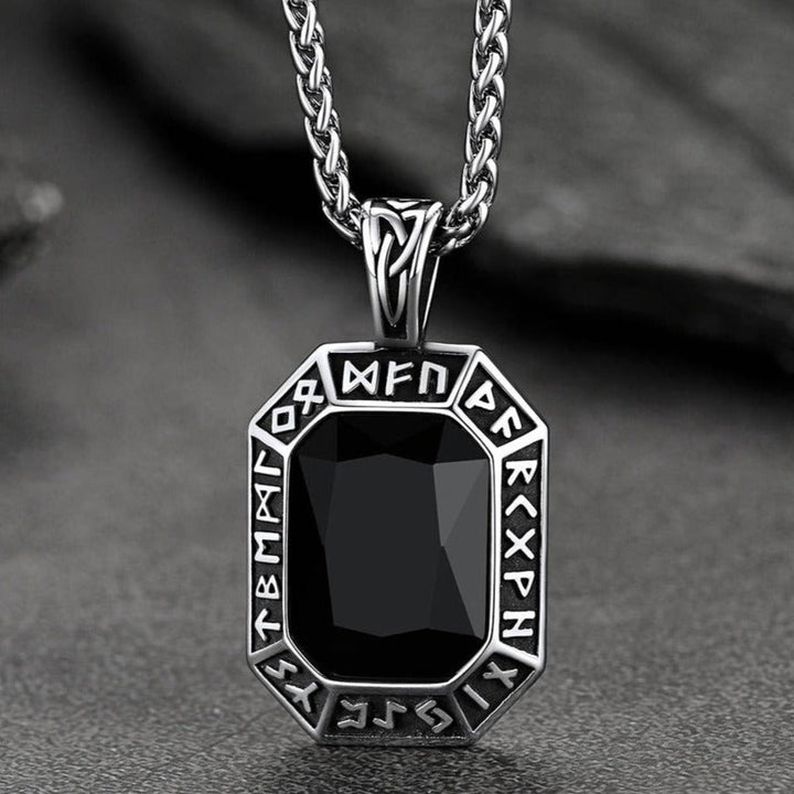 Engraved Crystal Dog Tag Necklace with Viking Runes For Men