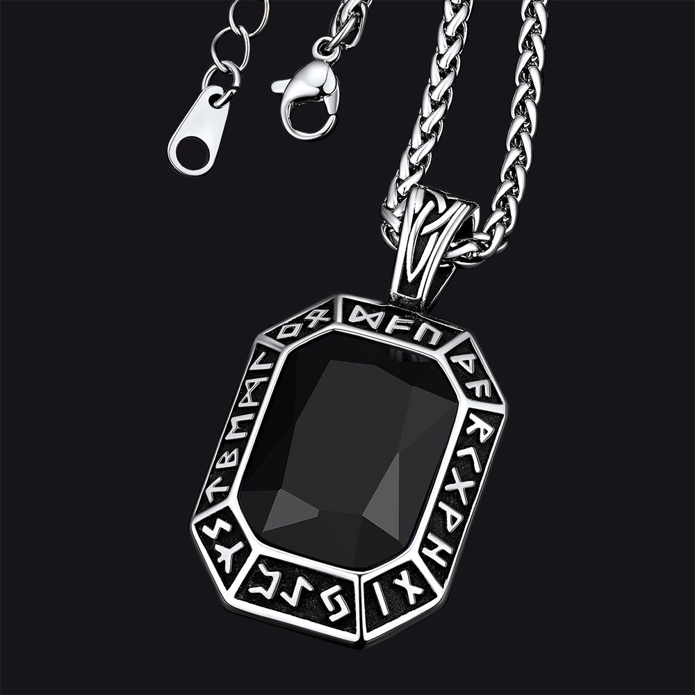 Engraved Crystal Dog Tag Necklace with Viking Runes For Men