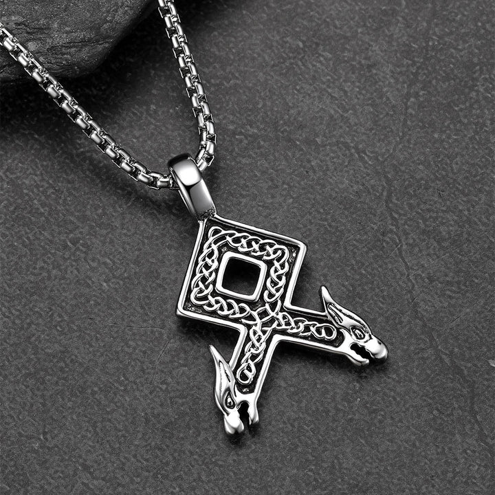 Viking Othala Rune Wolf Heads Pendant Necklace for Men