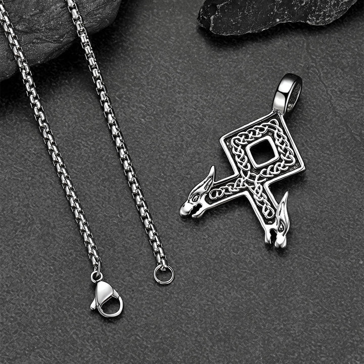 Viking Othala Rune Wolf Heads Pendant Necklace for Men