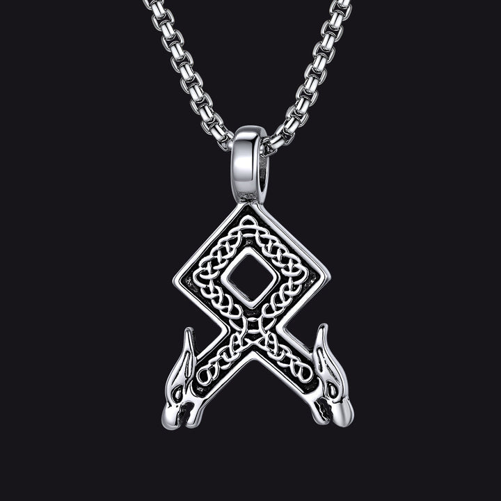 Viking Othala Rune Wolf Heads Pendant Necklace for Men
