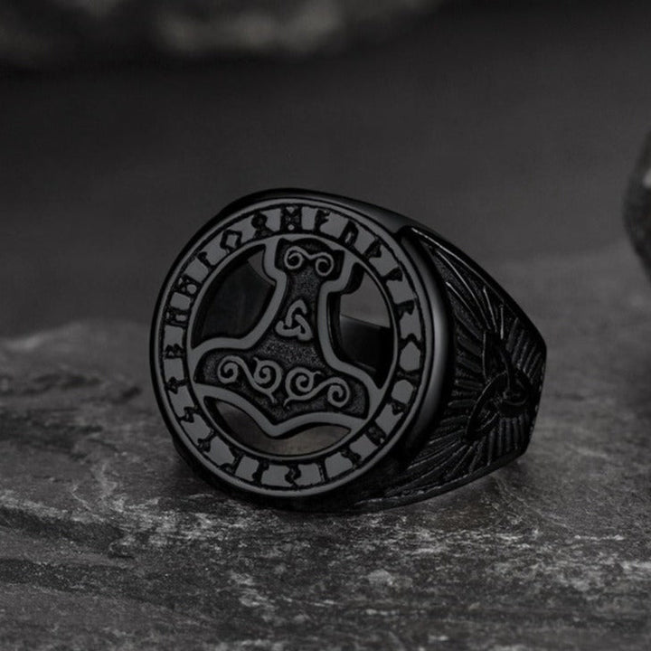 Viking Thor's Hammer Ring with Runes for Men
