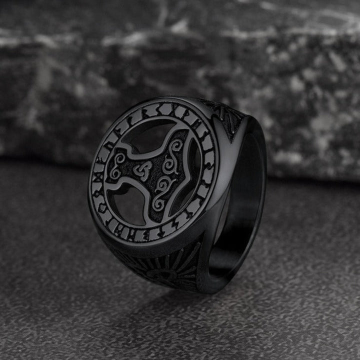 Viking Thor's Hammer Ring with Runes for Men