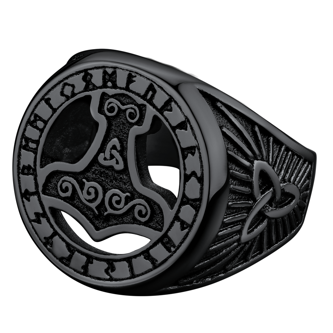 Viking Thor's Hammer Ring with Runes for Men