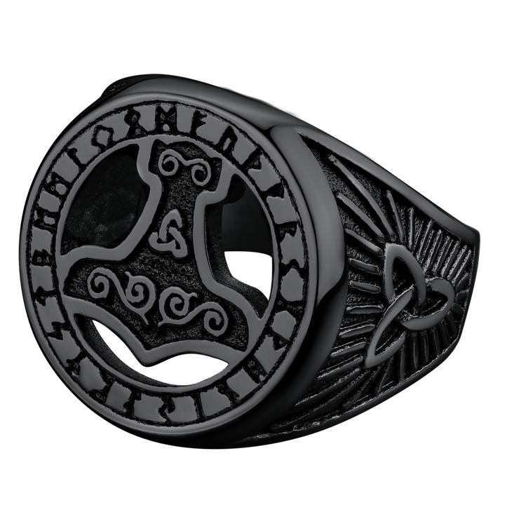 Viking Thor's Hammer Ring with Runes for Men