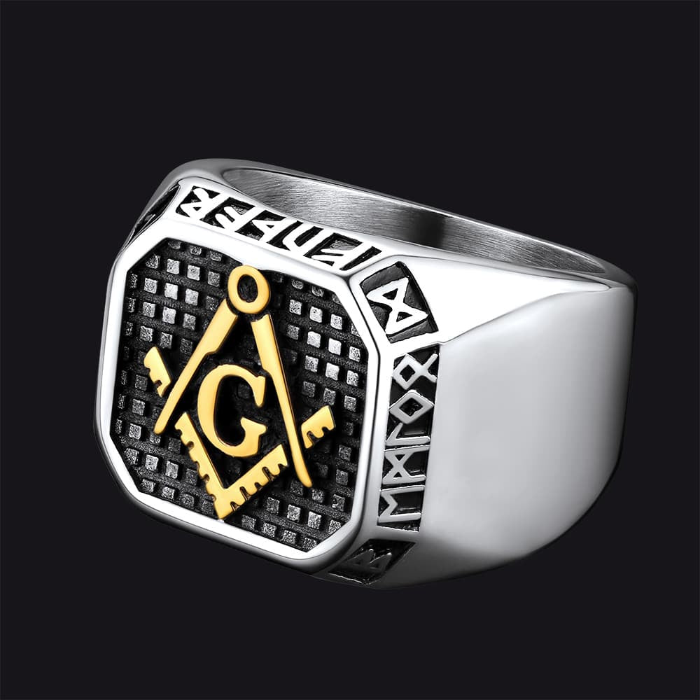 Square Masonic Signet Ring with Runes for Men – Forge & Fjord