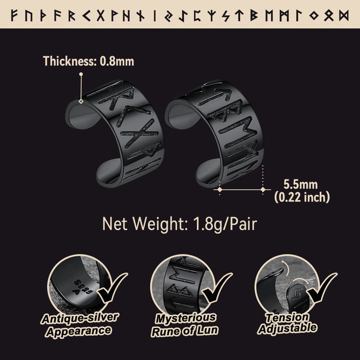 Norse Viking Runes Ear Cuff Earrings for Men in Sterling Silver