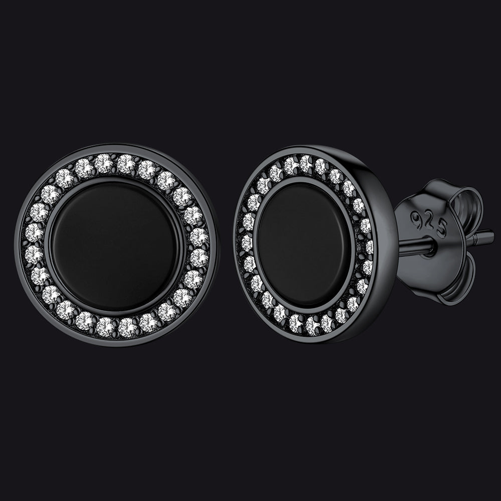 Sterling Silver Viking Runes Black Onyx Stud Earrings For Men