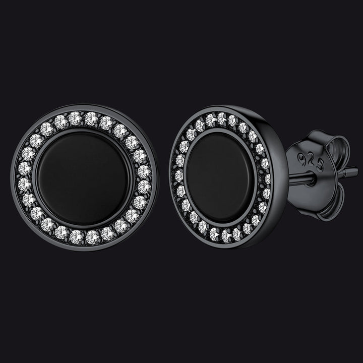 Sterling Silver Viking Runes Black Onyx Stud Earrings For Men