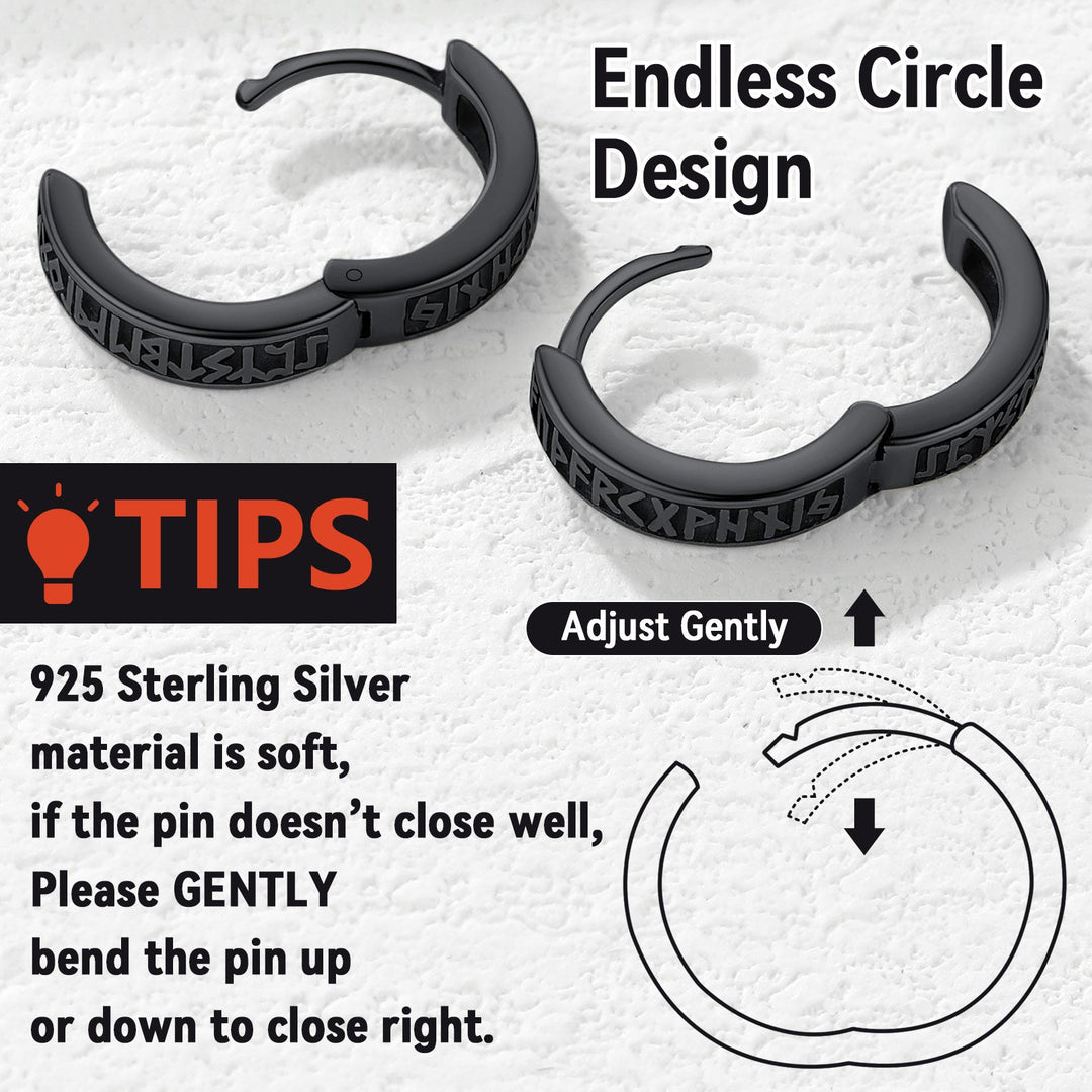 Norse Viking Runes Huggie Hoop Earrings in Sterling Silver