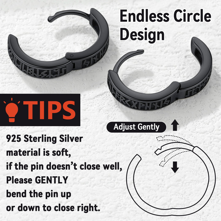 Norse Viking Runes Huggie Hoop Earrings in Sterling Silver