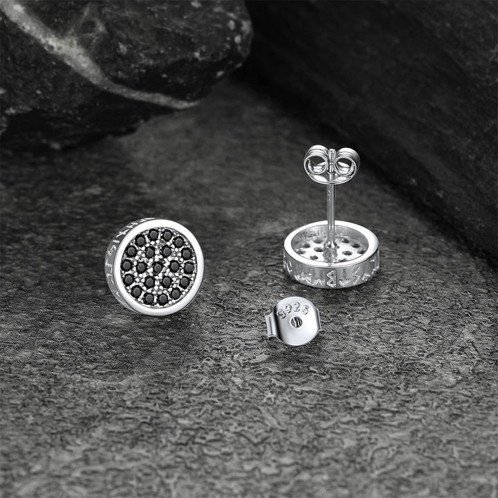 10mm Round Black Diamond Stud Earrings with Runes