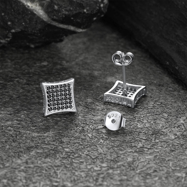 9mm Square Black Diamond Stud Earrings with Viking Runes