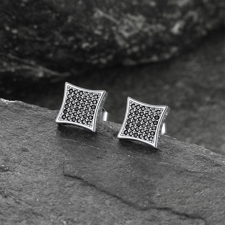 9mm Square Black Diamond Stud Earrings with Viking Runes