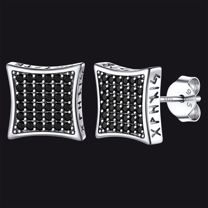 9mm Square Black Diamond Stud Earrings with Viking Runes