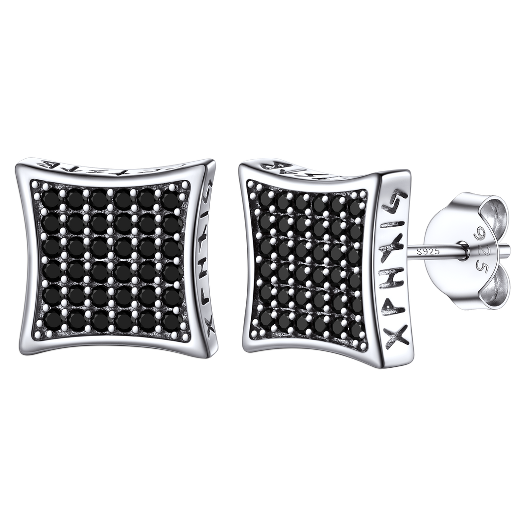 9mm Square Black Diamond Stud Earrings with Viking Runes