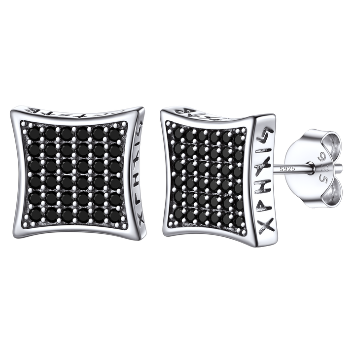 9mm Square Black Diamond Stud Earrings with Viking Runes