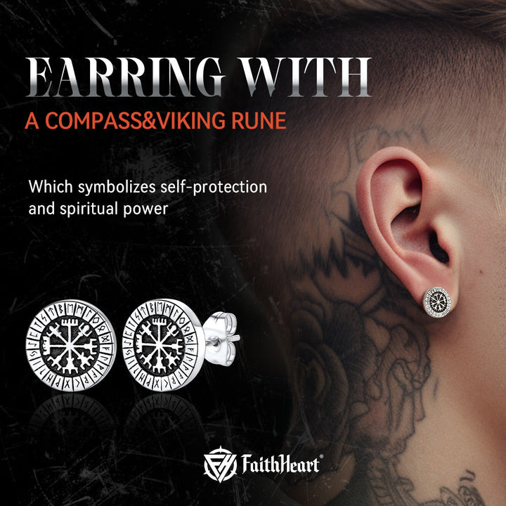 Norse Viking Compass Vegvisir Stud Earrings For Men
