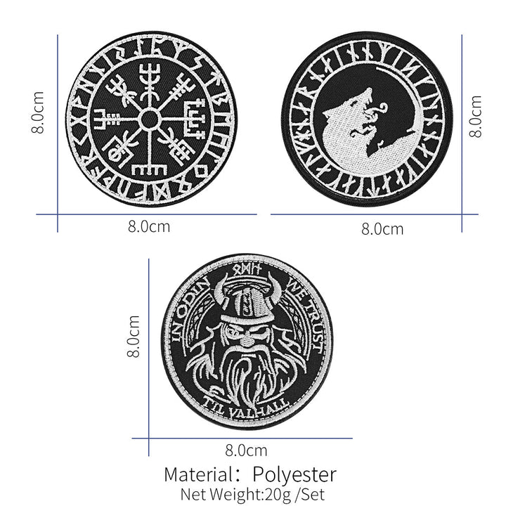 Norse Viking Compass Raven Badge Embroidered Applique Hook, 3 Pack