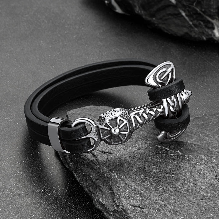 Viking Mjolnir Thor's Hammer Leather Bracelet for Men