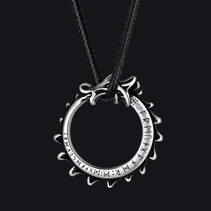 Vintage Dragon Circle Necklace with Leather Chain for Men