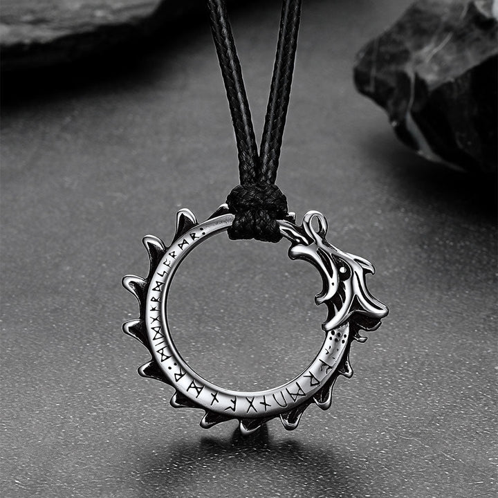 Vintage Dragon Circle Necklace with Leather Chain for Men