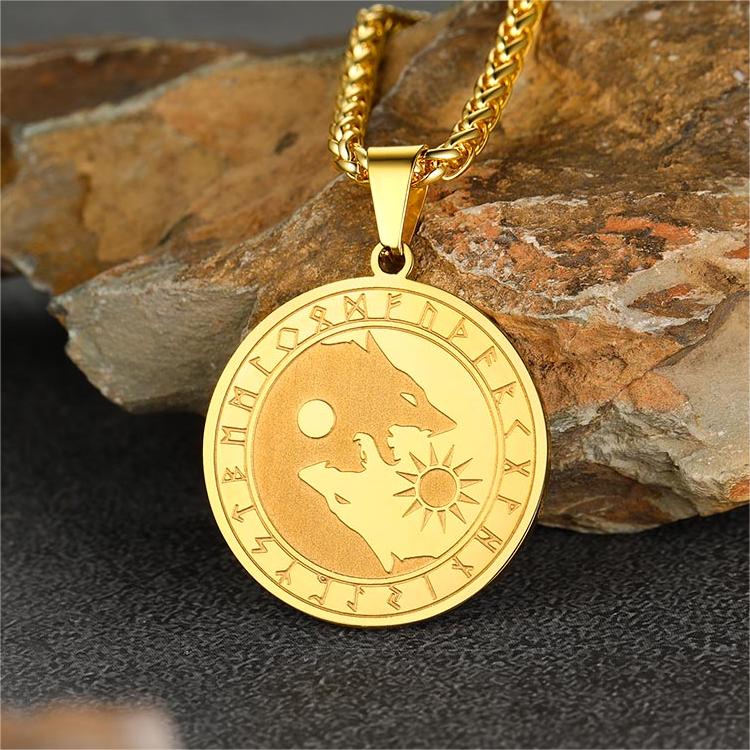 Viking Wolf Coin Necklace For Men With Runes