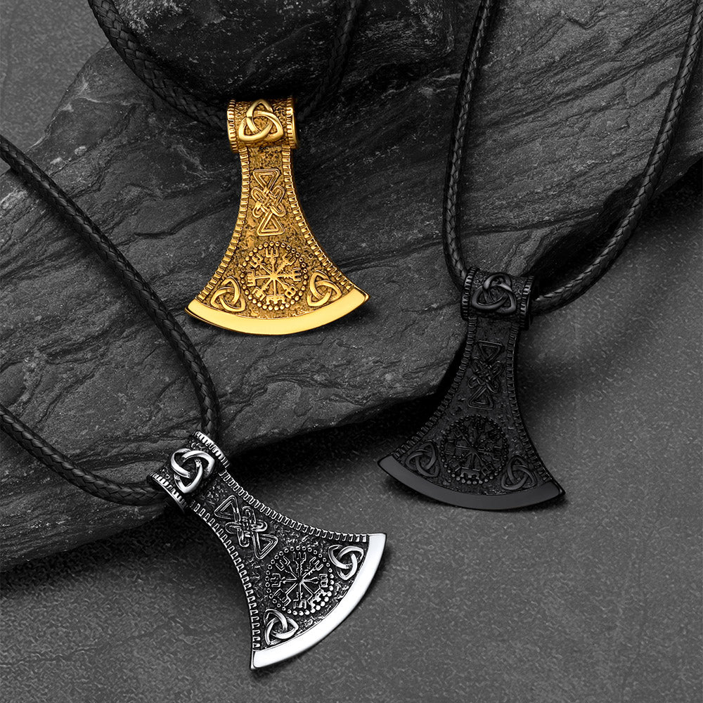 Viking Axe Compass Braided Leather Necklace for Men Dad