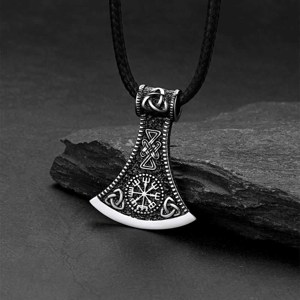 Viking Axe Compass Braided Leather Necklace for Men Dad