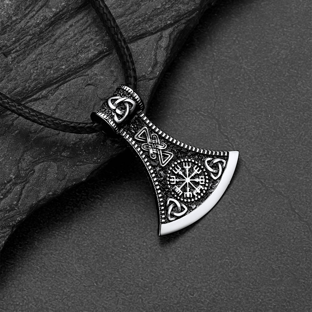 Viking Axe Compass Braided Leather Necklace for Men Dad