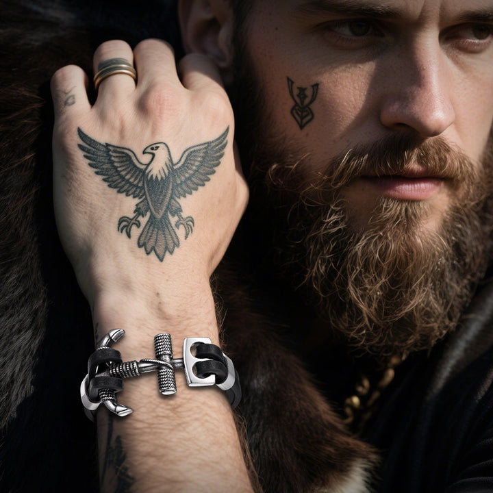 Viking Stainless Steel Anchor Black Leather Bracelet for Men