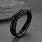 Viking Black Engraved Leather Braided Wristband Bracelet for Men 7