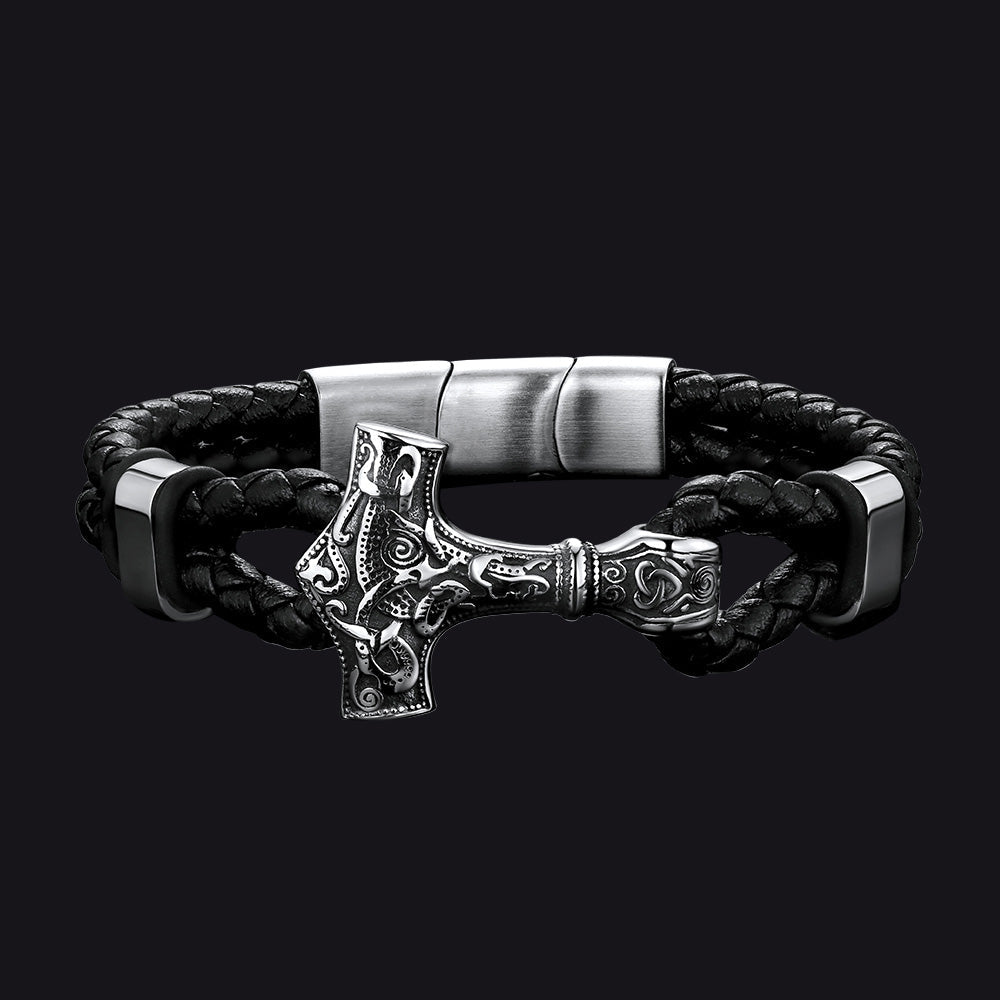 Viking Black Engraved Leather Braided Wristband Bracelet for Men