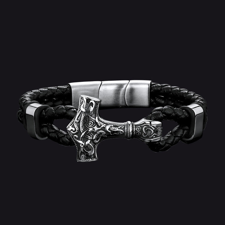 Viking Black Engraved Leather Braided Wristband Bracelet for Men
