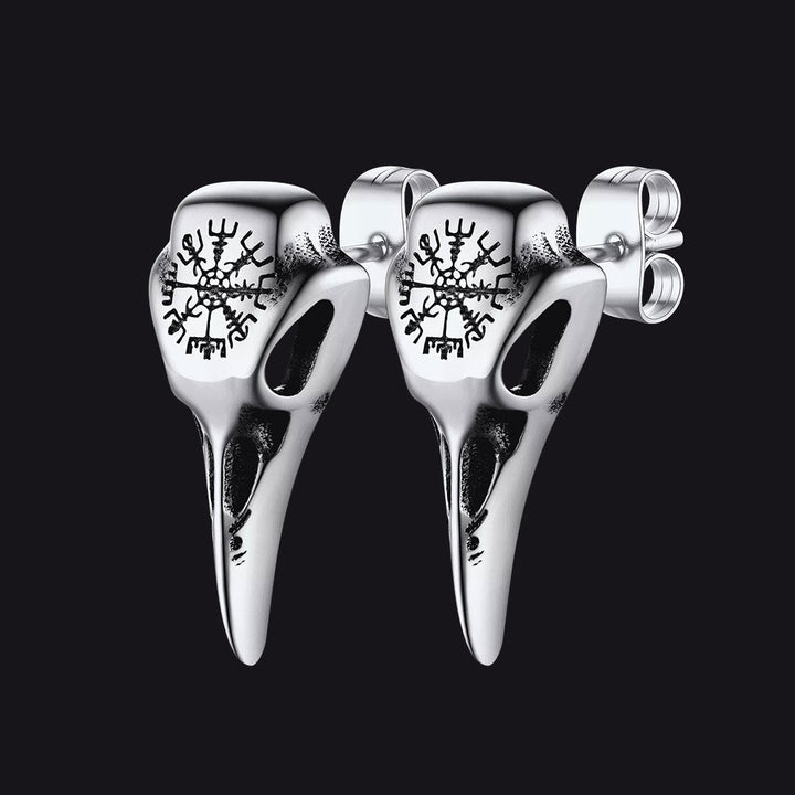 Viking Raven Skull Stud Earrings With Viking Vegvisir For Men Women