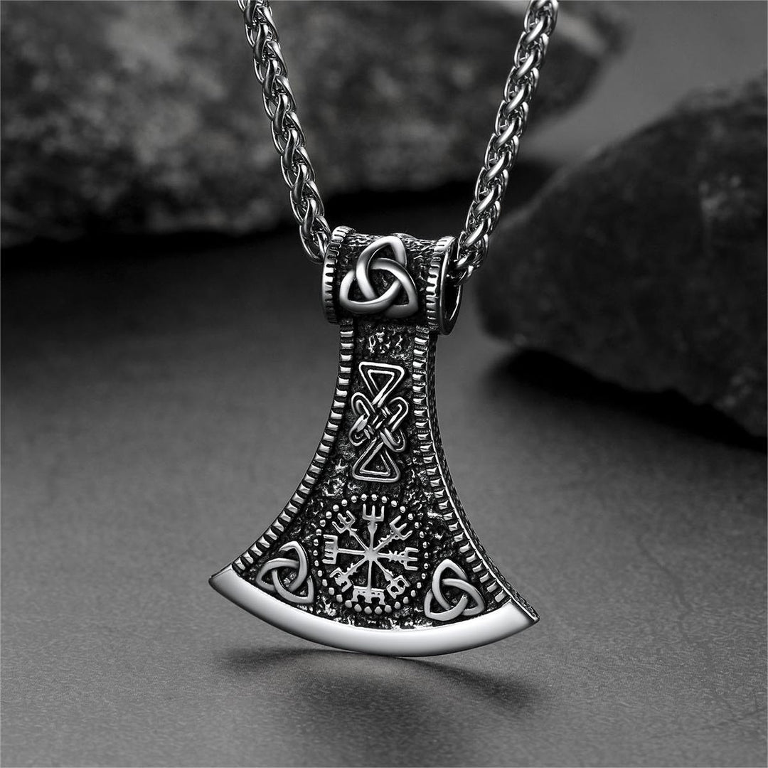 Battle Axe Viking Pendant Necklace with Compass For Men
