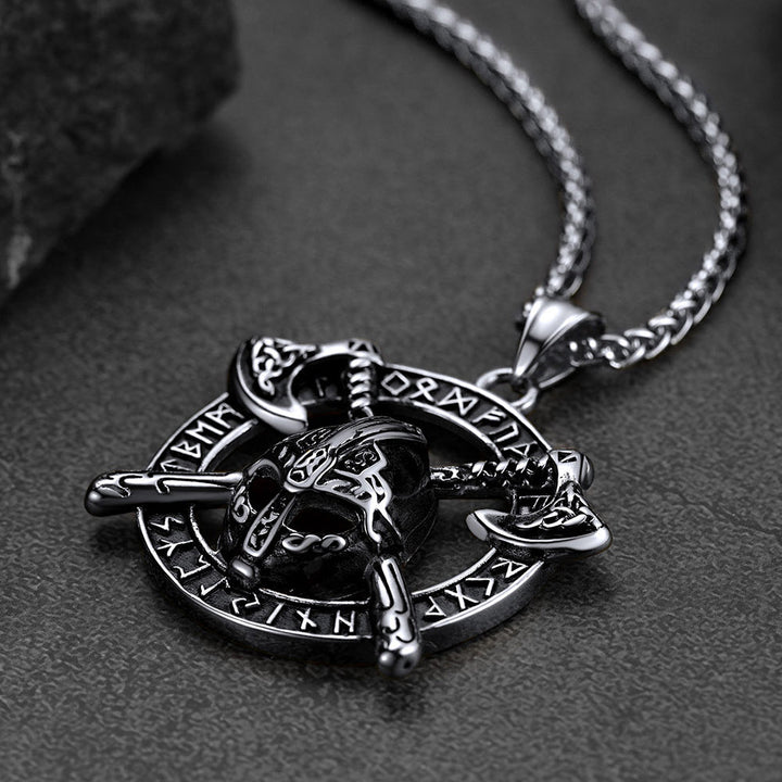Flash Sale Viking Axe Helmet Pendant Necklace For Men With Runes