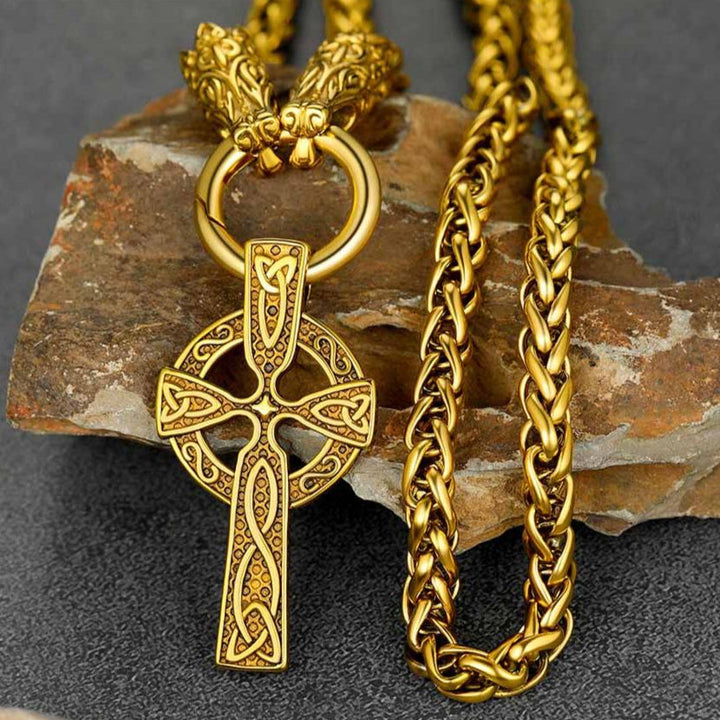 Celtic Knot Cross Necklace With Wolf Rope Chain For Men