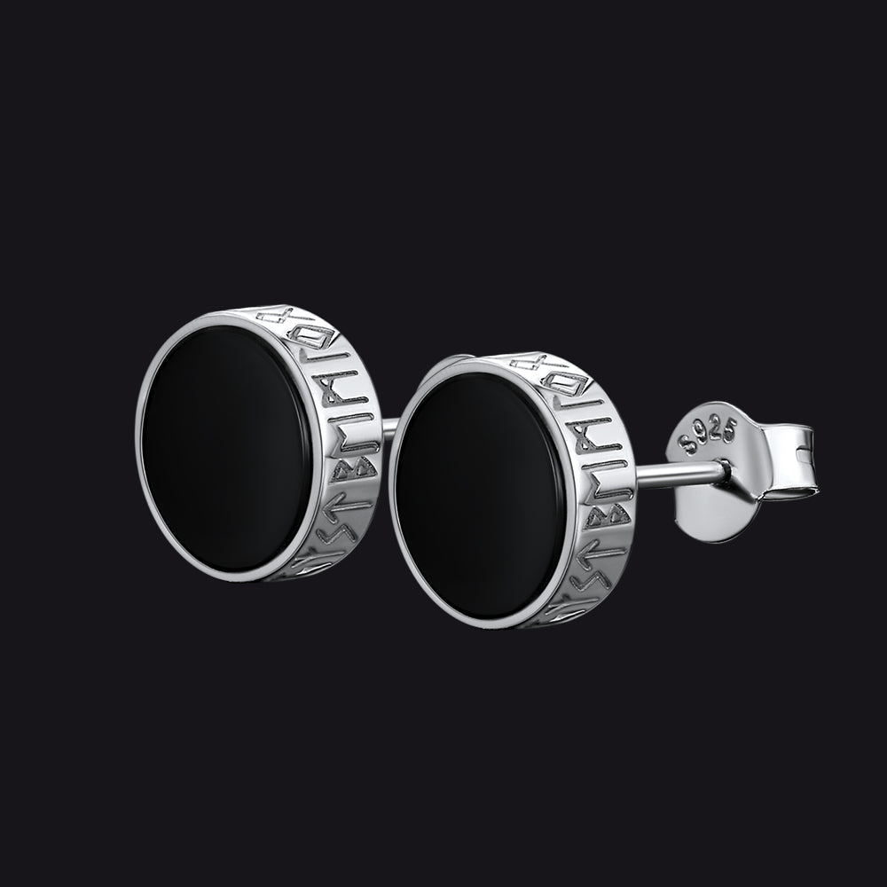 Sterling Silver Viking Runes Black Onyx Stud Earrings For Men