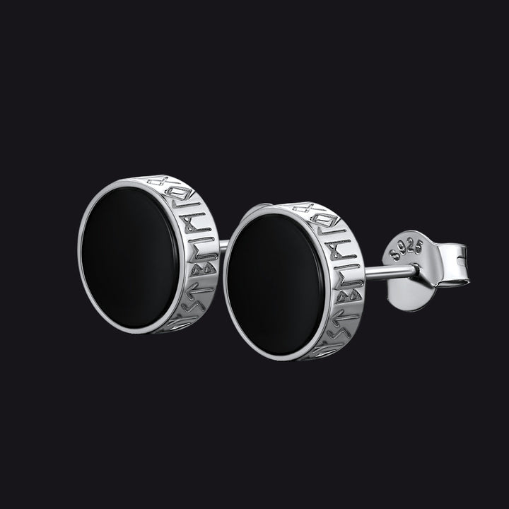 Sterling Silver Viking Runes Black Onyx Stud Earrings For Men