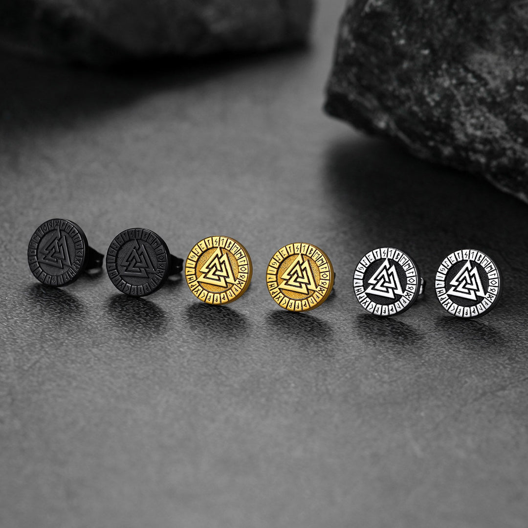 Viking Valknut Black Stud Earrings For Men With Runes
