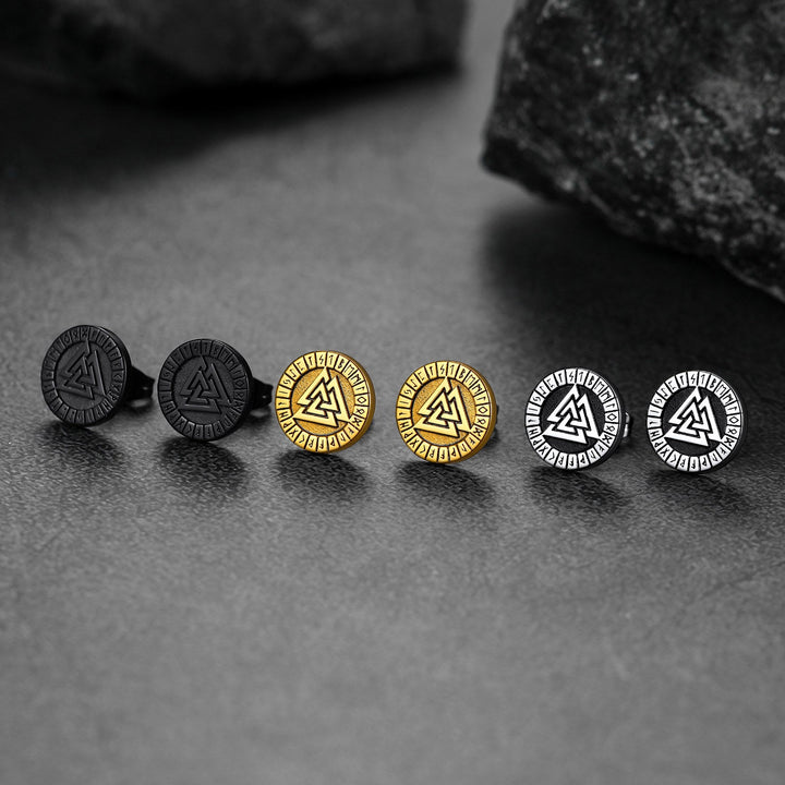 Viking Valknut Black Stud Earrings For Men With Runes