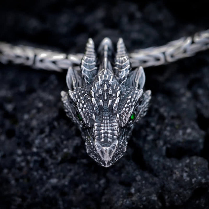 Men's Viking Green Eye Dragon Head Necklace
