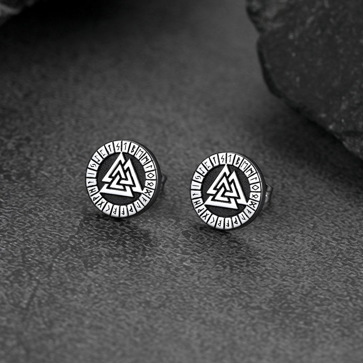 Viking Valknut Black Stud Earrings For Men With Runes