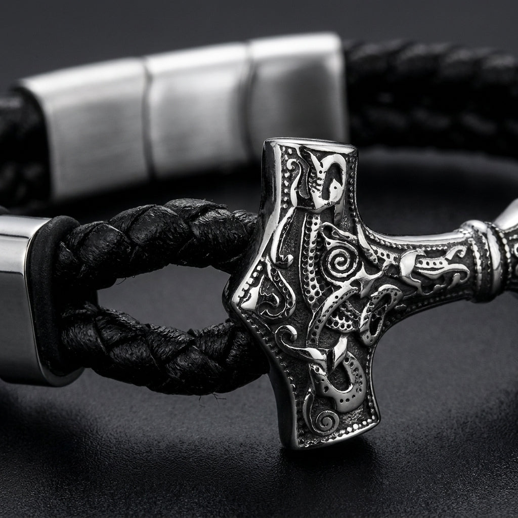 Mjolnir leather bracelet — detail